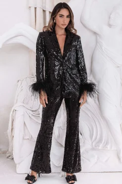 Lavish Alice Suiting<Tamsin Oversized Sequin Blazer With Feather Cuffs In Black