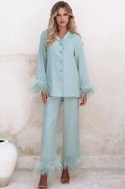 Lavish Alice Luxury Pyjamas<Tilly Feather Trim Satin Pyjama In Sage