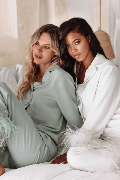Lavish Alice Luxury Pyjamas<Tilly Feather Trim Satin Pyjama In Sage